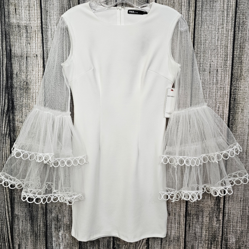 INA White Knit Nwt Mini Sheath Dress with Mesh Tiered Bell Sleeves - Picture 11 of 17